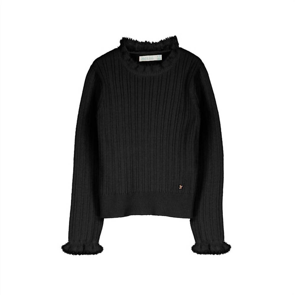 NEW ABEL & LULA girls' ribbed ruffle neck top in black